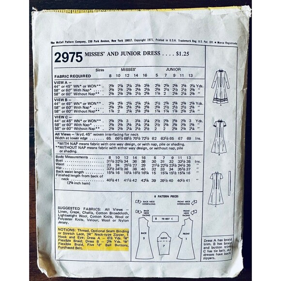 Vtg McCalls 2975 Misses Junior A-Line Dress Back Zipper Pattern Sz 13 CUT 1970s - Picture 2 of 2